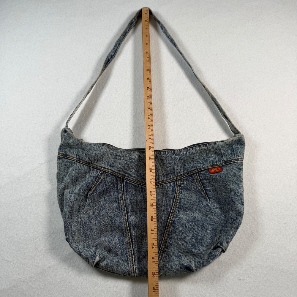 Vintage Mitzi Acid Wash Denim Hobo Shoulder Bag Blue 80s Retro Western Boho - Picture 9 of 12